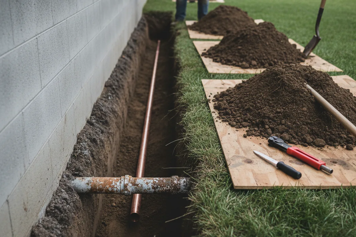 Excavated water line trench during Water Heater Repair in Demorest